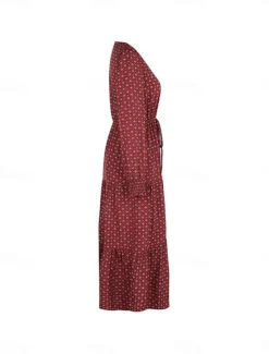 Hot Women's Polka Dot V Neck Midi Dress Long Sleeve Spring Fall Women Work Dresses