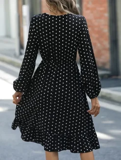 New Women's Polka Dot V Neck Midi Dress Long Sleeve Spring Fall Women Work Dresses