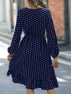 New Women's Polka Dot V Neck Midi Dress Long Sleeve Spring Fall Women Work Dresses