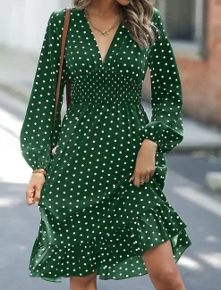 New Women's Polka Dot V Neck Midi Dress Long Sleeve Spring Fall Women Work Dresses