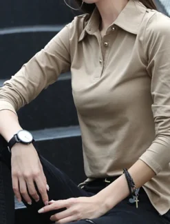 Outlet Women's Polo Shirts Plain Sports Cute Basic Long Sleeve Shirt Collar Regular Tops Casual Sports Buttons Black White Wine Green Khaki Spring Fall Women T-Shirts