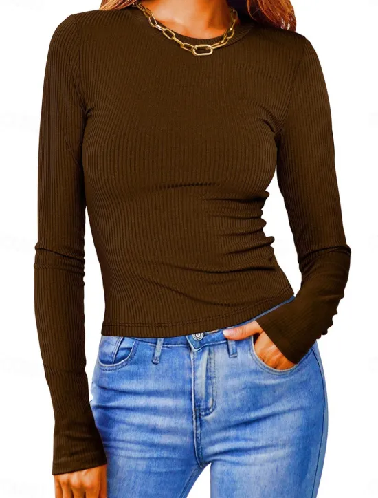 Online Women's Polo T Shirt Plain Vintage Fashion Long Sleeve Round Neck Crop Tops Daily Going out Black White Pink Army Green Red Spring Fall Winter Women T-Shirts