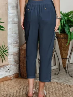 Online Women's Poly-Cotton Linen Texture Pants Cropped Pants Fashion Streetwear Comfort Ankle-Length Mid Waist Plain Lace Comfy Comfortable Street Daily Wear Going out Black White Blue Green Summer Regular Women Pants