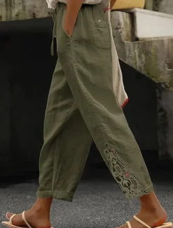 Online Women's Poly-Cotton Linen Texture Pants Cropped Pants Fashion Streetwear Comfort Ankle-Length Mid Waist Plain Lace Comfy Comfortable Street Daily Wear Going out Black White Blue Green Summer Regular Women Pants