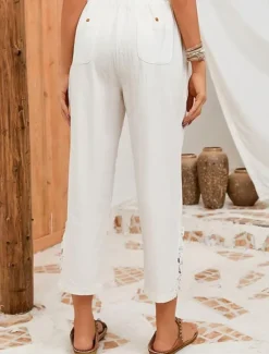 Online Women's Poly-Cotton Linen Texture Pants Cropped Pants Fashion Streetwear Comfort Ankle-Length Mid Waist Plain Lace Comfy Comfortable Street Daily Wear Going out Black White Blue Green Summer Regular Women Pants