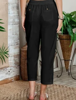 Online Women's Poly-Cotton Linen Texture Pants Cropped Pants Fashion Streetwear Comfort Ankle-Length Mid Waist Plain Lace Comfy Comfortable Street Daily Wear Going out Black White Blue Green Summer Regular Women Pants