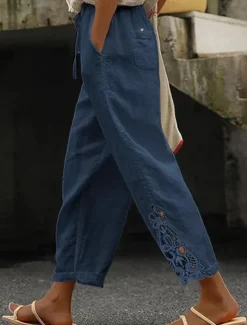 Online Women's Poly-Cotton Linen Texture Pants Cropped Pants Fashion Streetwear Comfort Ankle-Length Mid Waist Plain Lace Comfy Comfortable Street Daily Wear Going out Black White Blue Green Summer Regular Women Pants