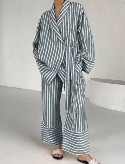 New Women's Print Chemises & Gowns Nightwear - POLY Striped Home Outfits Women Pajama-Setter
