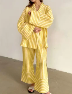 New Women's Print Chemises & Gowns Nightwear - POLY Striped Home Outfits Women Pajama-Setter