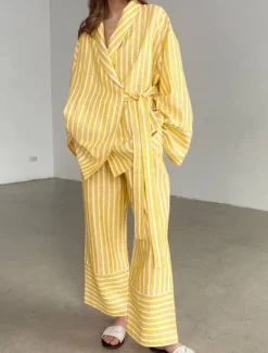 New Women's Print Chemises & Gowns Nightwear - POLY Striped Home Outfits Women Pajama-Setter