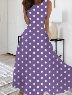 Clearance Women's Print Vintage Dress Long Dress Maxi Dress Elegant Polka Dot Crew Neck Sleeveless Daily Date Summer Spring Blue Dark Green Women Casual Dress