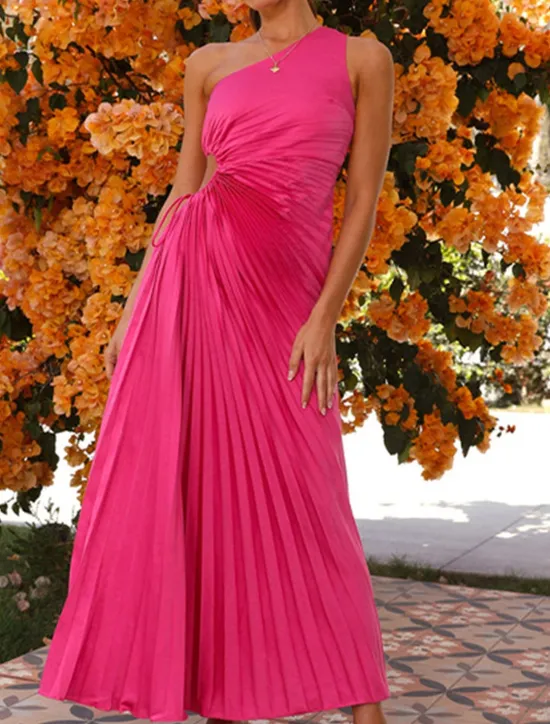 Online Women's Prom Dress Party Dress Cut Out Dress Pleated Drawstring One Shoulder Sleeveless Valentine's Day Wedding Guest Elegant Black Light Purple Summer Spring Women Cocktail Dress