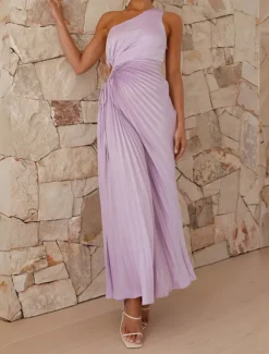 Online Women's Prom Dress Party Dress Cut Out Dress Pleated Drawstring One Shoulder Sleeveless Valentine's Day Wedding Guest Elegant Black Light Purple Summer Spring Women Cocktail Dress