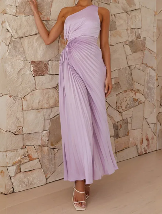 Online Women's Prom Dress Party Dress Cut Out Dress Pleated Drawstring One Shoulder Sleeveless Valentine's Day Wedding Guest Elegant Black Light Purple Summer Spring Women Cocktail Dress