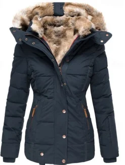 Best Women's Puffer Jacket Daily Winter Long Coat Fashion Streetwear Jacket Long Sleeve Fur Trim Patchwork Black Pink Navy Blue Women Puffers & Parka