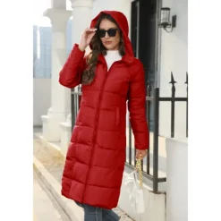 Online Women's Puffer Jacket Hoodie Jacket Hiking Windbreaker Winter Outdoor Thermal Warm Windproof Outerwear Winter Jacket Full Length Visible Zipper Fishing Camping / Hiking / Caving Traveling Black Red Women Puffers & Parka
