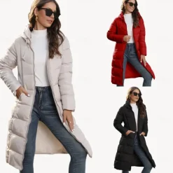 Online Women's Puffer Jacket Hoodie Jacket Hiking Windbreaker Winter Outdoor Thermal Warm Windproof Outerwear Winter Jacket Full Length Visible Zipper Fishing Camping / Hiking / Caving Traveling Black Red Women Puffers & Parka