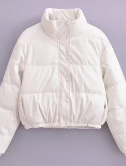 Best Women's Puffer Jacket Warm Breathable Zipper Pocket Casual Plain Vacation Street Daily Wear Going out Zipper Short Stand Collar Regular Fit Long Sleeve Outerwear Black White Green Fall Winter Women Puffers & Parka