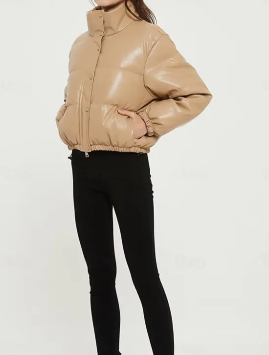 Best Women's Puffer Jacket Warm Breathable Zipper Pocket Casual Plain Vacation Street Daily Wear Going out Zipper Short Stand Collar Regular Fit Long Sleeve Outerwear Black White Green Fall Winter Women Puffers & Parka