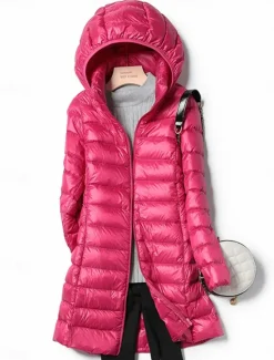 Discount Women's Puffer Jacket Warm Breathable Zipper Pocket Casual Plain Vacation Street Daily Wear Going out Zipper Long Hoodie Regular Fit Long Sleeve Outerwear Wine Red Fuchsia Fall Winter Women Puffers & Parka