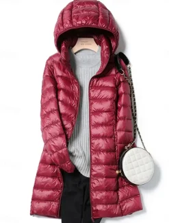Discount Women's Puffer Jacket Warm Breathable Zipper Pocket Casual Plain Vacation Street Daily Wear Going out Zipper Long Hoodie Regular Fit Long Sleeve Outerwear Wine Red Fuchsia Fall Winter Women Puffers & Parka