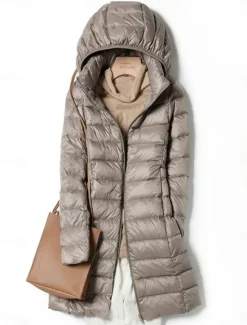 Discount Women's Puffer Jacket Warm Breathable Zipper Pocket Casual Plain Vacation Street Daily Wear Going out Zipper Long Hoodie Regular Fit Long Sleeve Outerwear Wine Red Fuchsia Fall Winter Women Puffers & Parka