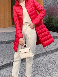 Discount Women's Puffer Jacket Warm Breathable Zipper Pocket Casual Plain Vacation Street Daily Wear Going out Zipper Long Hoodie Regular Fit Long Sleeve Outerwear Wine Red Fuchsia Fall Winter Women Puffers & Parka