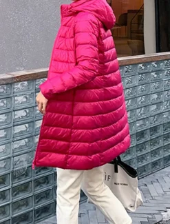 Discount Women's Puffer Jacket Warm Breathable Zipper Pocket Casual Plain Vacation Street Daily Wear Going out Zipper Long Hoodie Regular Fit Long Sleeve Outerwear Wine Red Fuchsia Fall Winter Women Puffers & Parka