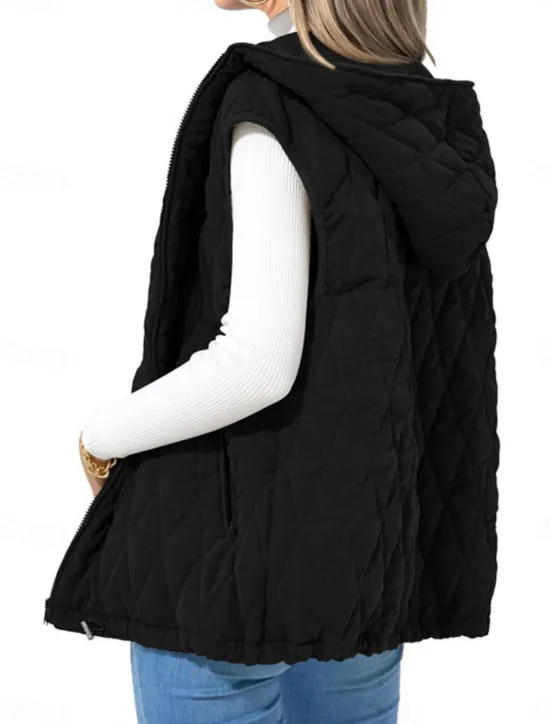 Online Women's Puffer Vest Quilted Vest Windproof Warm Patchwork Simple Solid Color Daily Regular Hooded Regular Fit Sleeveless Outerwear Black White Camel Fall Winter Women Puffers & Parka