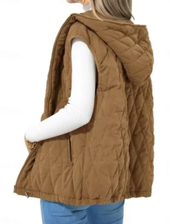 Online Women's Puffer Vest Quilted Vest Windproof Warm Patchwork Simple Solid Color Daily Regular Hooded Regular Fit Sleeveless Outerwear Black White Camel Fall Winter Women Puffers & Parka
