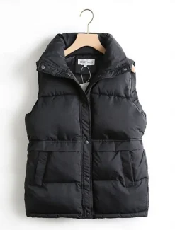 New Women's Puffer Vest Winter Crop Vest Lightweight Sleeveless Warm Outerwear with Pockets Outdoor Street Thermal Warm Windproof Comtemporary Stylish Casual Jacket Sleeveless Solid Color white Black Women Puffers & Parka