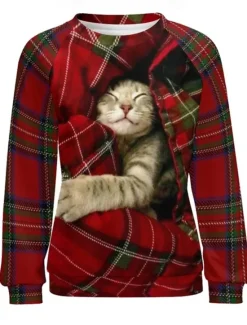 Outlet Women's Pullover Sweatshirt Plaid Cat Casual Sportswear Festival Round Neck Long Sleeve Top Micro-elastic Fall & Winter Women Hoodies & Sweatshirts