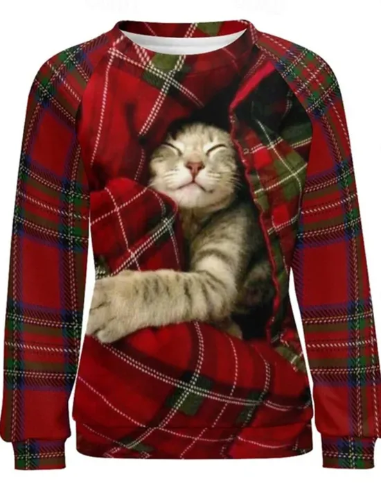 Outlet Women's Pullover Sweatshirt Plaid Cat Casual Sportswear Festival Round Neck Long Sleeve Top Micro-elastic Fall & Winter Women Hoodies & Sweatshirts