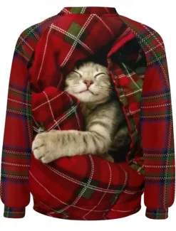 Outlet Women's Pullover Sweatshirt Plaid Cat Casual Sportswear Festival Round Neck Long Sleeve Top Micro-elastic Fall & Winter Women Hoodies & Sweatshirts