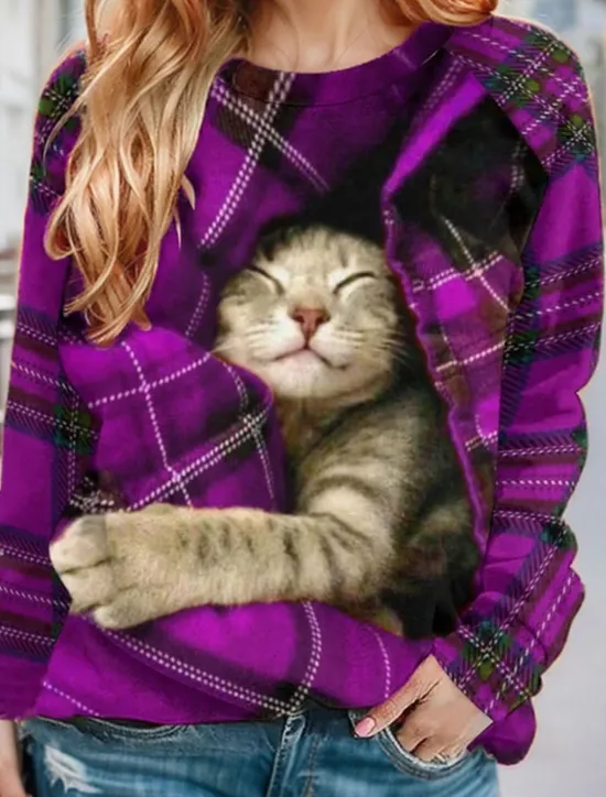 Outlet Women's Pullover Sweatshirt Plaid Cat Casual Sportswear Festival Round Neck Long Sleeve Top Micro-elastic Fall & Winter Women Hoodies & Sweatshirts