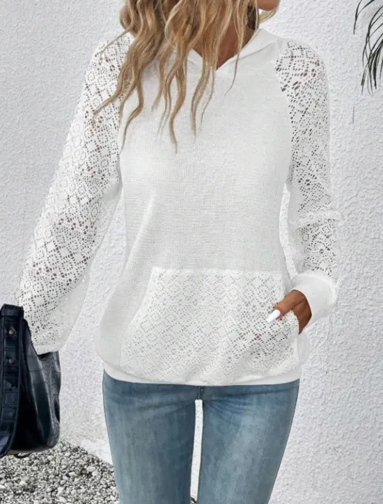 Best Women's Pullover Casual Plain Dailywear Sports Hooded Pocket Long Sleeve Black White Spring Fall & Winter Women Lace Tops