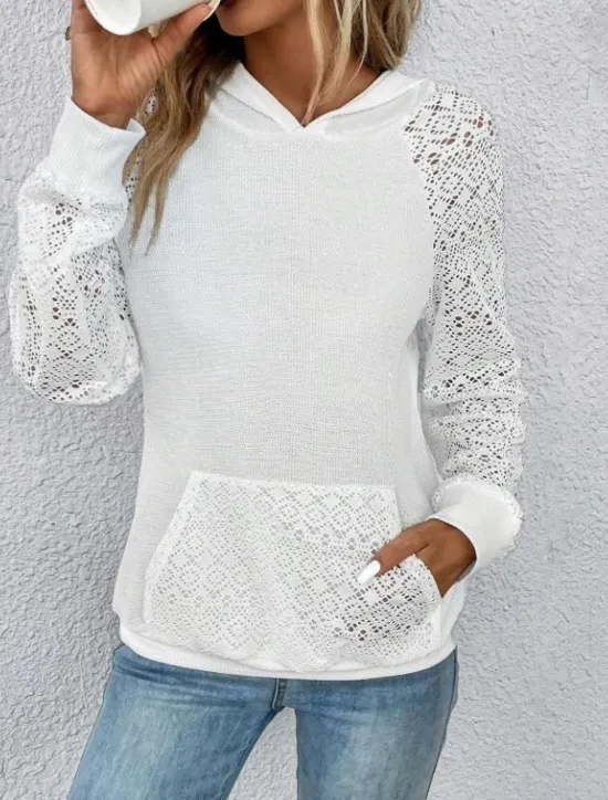 Best Women's Pullover Casual Plain Dailywear Sports Hooded Pocket Long Sleeve Black White Spring Fall & Winter Women Lace Tops