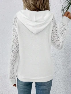Best Women's Pullover Casual Plain Dailywear Sports Hooded Pocket Long Sleeve Black White Spring Fall & Winter Women Lace Tops