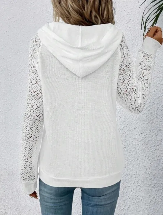 Best Women's Pullover Casual Plain Dailywear Sports Hooded Pocket Long Sleeve Black White Spring Fall & Winter Women Lace Tops