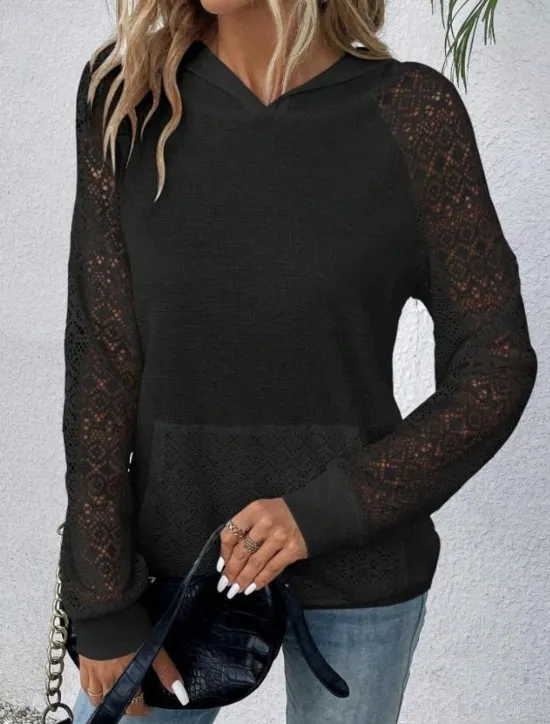 Best Women's Pullover Casual Plain Dailywear Sports Hooded Pocket Long Sleeve Black White Spring Fall & Winter Women Lace Tops