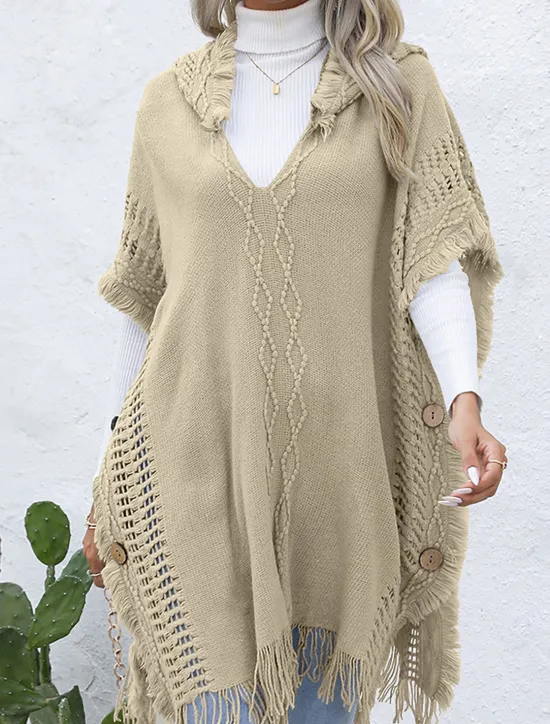 Women's Pullover Casual Solid Color Ribbed V Neck Patchwork Tassel Sleeveless Sleeveless Long Tops Knit Outdoor Date Black Green Spring Fall Women Pullovers & Tops|Shrugs & Capes