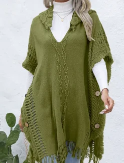 Women's Pullover Casual Solid Color Ribbed V Neck Patchwork Tassel Sleeveless Sleeveless Long Tops Knit Outdoor Date Black Green Spring Fall Women Pullovers & Tops|Shrugs & Capes