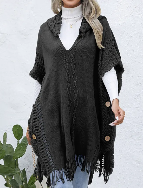 Women's Pullover Casual Solid Color Ribbed V Neck Patchwork Tassel Sleeveless Sleeveless Long Tops Knit Outdoor Date Black Green Spring Fall Women Pullovers & Tops|Shrugs & Capes