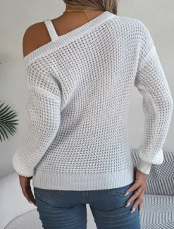Discount Women's Pullover Casual Soft Pure Color Ribbed One Shoulder Knitted Long Sleeve Regular Tops Knit Outdoor Daily Weekend White Pink Fall Winter Women Pullovers & Tops