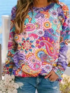 Online Women's Pullover Fashion Ethnic Print Geometric Tribal Street Casual Round Neck Print Loose Fit Long Sleeve Yellow Red Brown Dark Blue Gray Spring Fall & Winter Women Hoodies & Sweatshirts