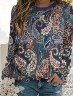 Online Women's Pullover Fashion Ethnic Print Geometric Tribal Street Casual Round Neck Print Loose Fit Long Sleeve Yellow Red Brown Dark Blue Gray Spring Fall & Winter Women Hoodies & Sweatshirts