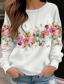 Best Women's Pullover Floral Print Fashion Casual Loose Fit Crew Neck Long Sleeve Inelastic Spring Fall Comfrt Breathable Soft Fabric Women Hoodies & Sweatshirts