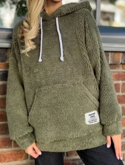 Best Women's Pullover Hoodie Sweatshirt Plain Warm Streetwear Casual Long Sleeve Hooded Regular Tops Casual Patchwork Black Green Khaki Spring Fall Winter Women Hoodies & Sweatshirts