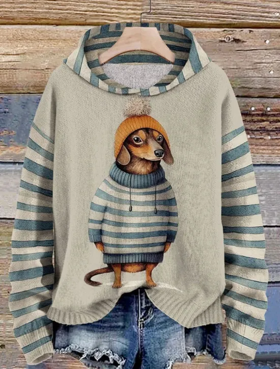 Women's Pullover Hoodie Sweatshirt Dog Striped Casual Long Sleeve Hooded Regular Tops Street Dailywear Black Red Blue Orange Green Fall Winter Women Hoodies & Sweatshirts