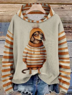 Women's Pullover Hoodie Sweatshirt Dog Striped Casual Long Sleeve Hooded Regular Tops Street Dailywear Black Red Blue Orange Green Fall Winter Women Hoodies & Sweatshirts